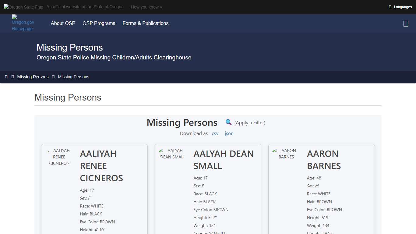 Oregon State Police : Missing Persons : Missing Persons : State of Oregon