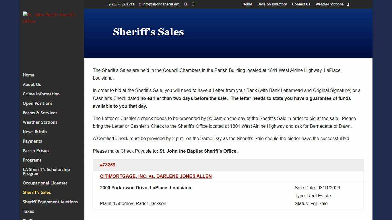 Sheriff’s Sale St. John Parish Sheriff's Office