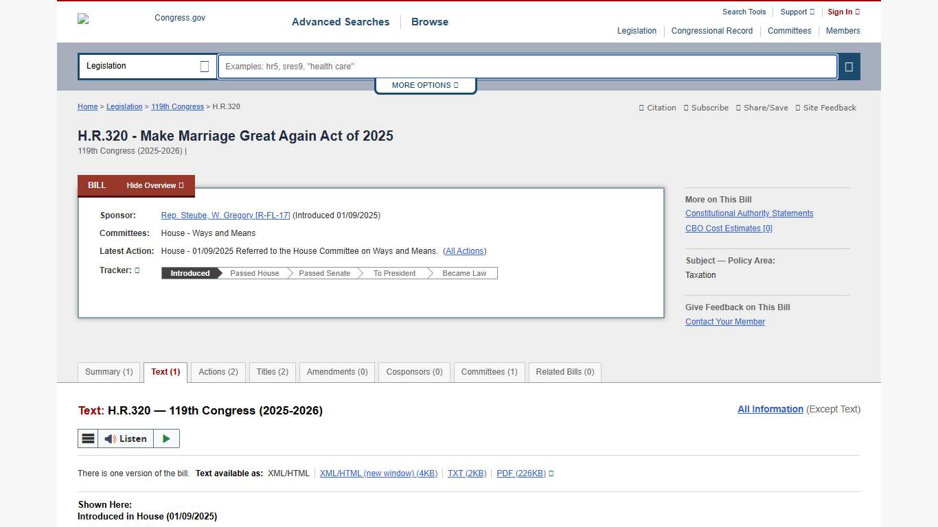 Text - H.R.320 - 119th Congress (2025-2026): Make Marriage Great Again Act of 2025 Congress.gov Library of Congress