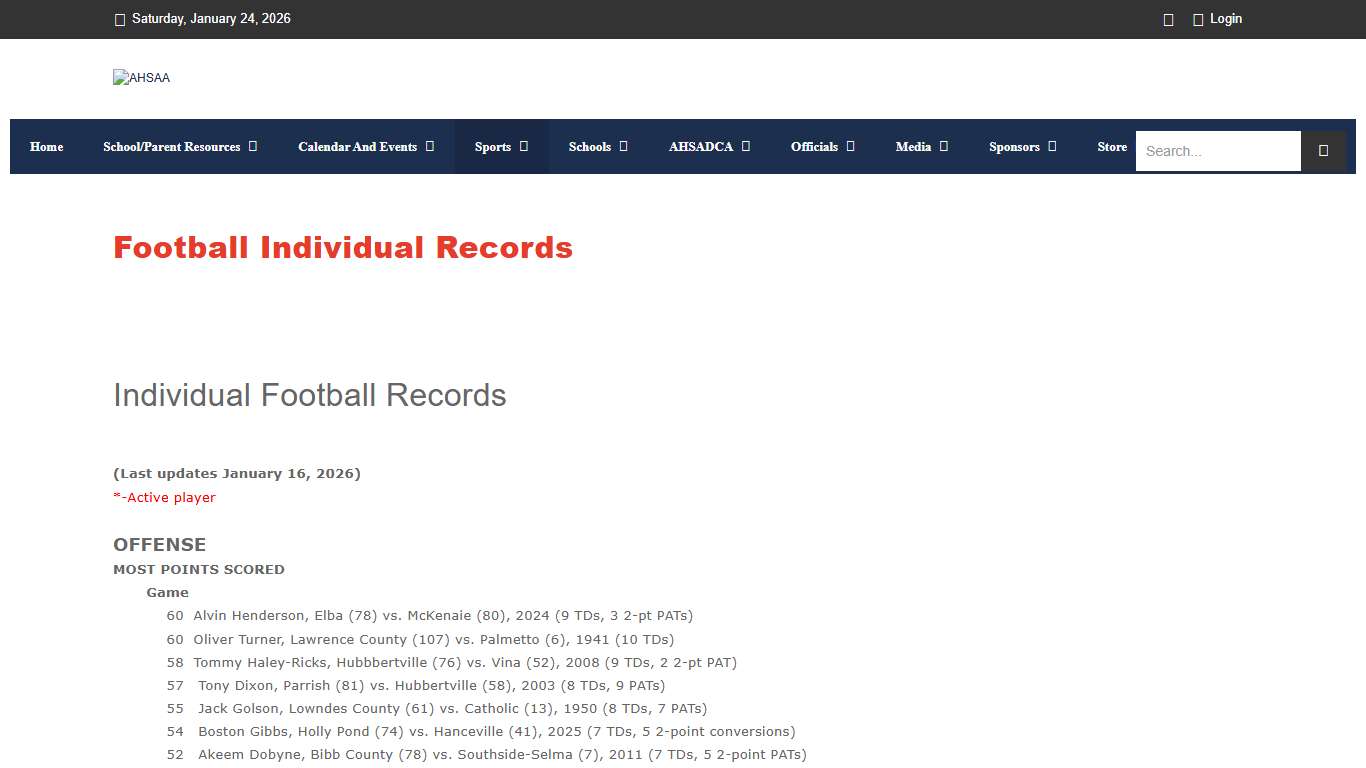 AHSAA > Sports > Fall > Football > Football Individual Records